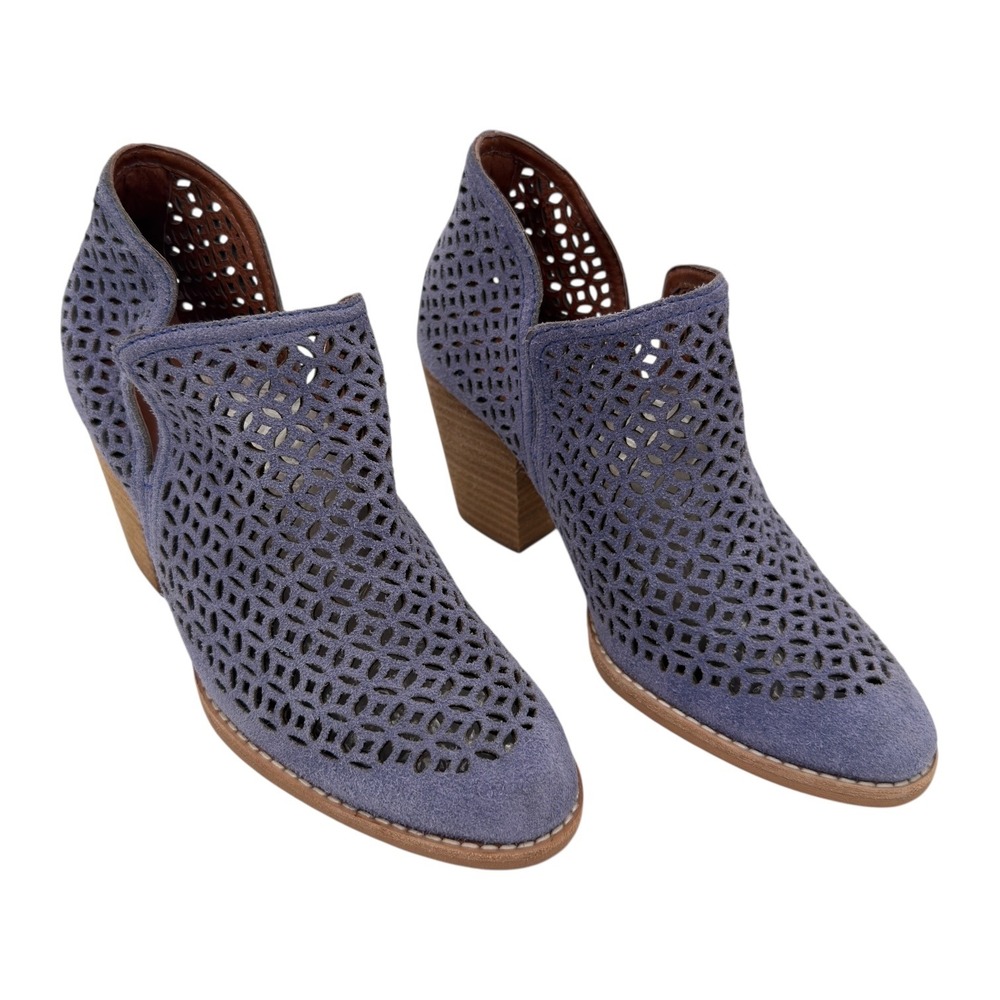 NEW Jeffrey Campbell Laser Cut Suede Ankle Booties Blue Gray Block Heel Womens 6